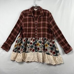 Oddy Tunic Top Womens Large Plaid Floral Eyelet Lace Tiered Ruffled